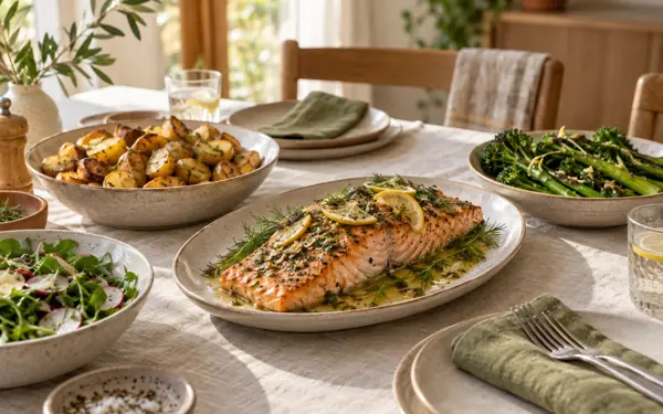 Lemon herb salmon with roasted potatoes and green vegetables set on a shared dinner table